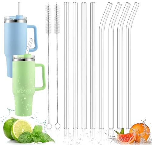 KUOFANY 10pcs Pailles en Verre Réutilisables, 30 cm de Longueur Pailles de rechange avec les tasses Stanley de 30 oz et 40 oz, Paille Verre avec Brosses de Nettoyage pour Le Café et Les Cocktails