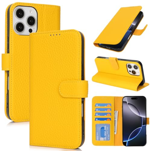 Zouzt Leather Wallet Case for iPhone 16 Pro, 4 Card Slot, Yellow | Genuine Leather, Card Holder, Shockproof TPU Shell, Magnetic Closure, Protective Flip Folio Phone Cover, For Women Men
