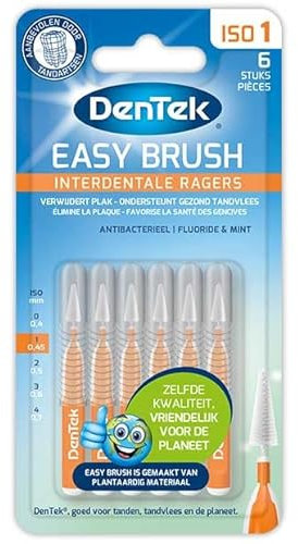 DenTek - 6 Interdentalbürsten Easy Brush ISO 1 – Größe 0,45 mm – wiederverwendbar & mit pflanzlichen Materialien – mit Deckel – Minzgeschmack – Zahnbürsten – ESB001NL