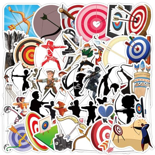 LYLSDSB Bogenschießen Aufkleber 50 Stück Trendy Funny Schießen Sport Aufkleber für Laptop Wasserflaschen Scrapbook Motorrad Fahrrad Koffer Auto Gepäck Skateboard,Vinyl Sticker für Erwachsene Teenager