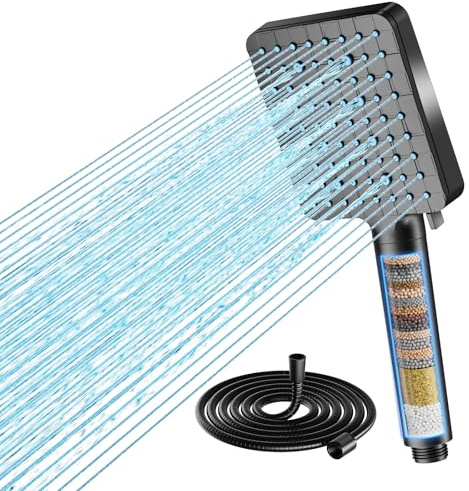 Cobbe Duschkopf mit Filter für hartes Wasser, Hochdruck Handbrause mit 1.5m Schlauch, Quadratischer Duschbrause mit 20-Stufen Filter, 6 Strahlarten, entfernt Chlor & Schwermetalle, Schwarz