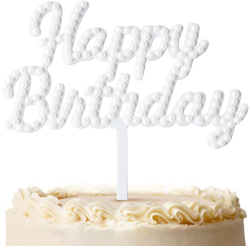 Pearl Happy Birthday Cake Topper with Acrylic Base, 16 x 18.4 cm White Letter Cake Sign for Elegant Birthday Party Decorations and Cake Supplies