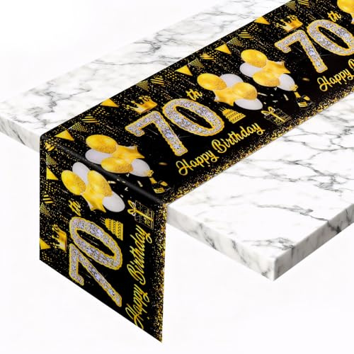 Hejo 70 Geburtstag Tischläufer Schwarz Gold, 180X35cm Geburtstag Tischdeko | Breite Party Tisch Glänzend Gold Deko, 70 Goldfarbe Dekostoff Banner für Mann ＆ Frau