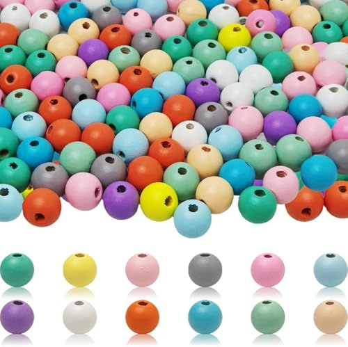 1200 Holzperlen Bunt Rund 8mm 12 Farben Zum Auffädeln (Mit Perlennadeln)