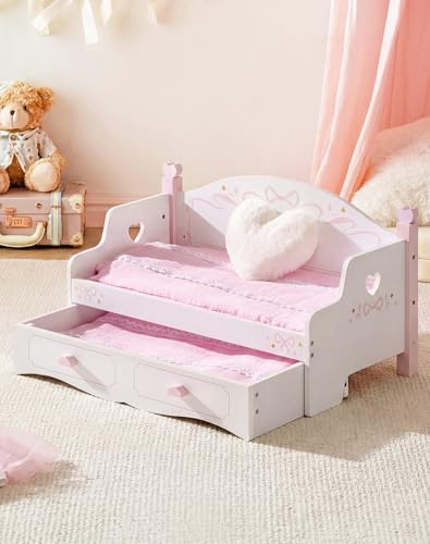 ROBOTIME Cama doble de madera para muñecas, sofá cama con función extensible, litera para muñecas con 2 juegos de ropa de cama, cojín mullido, muebles de muñecas como regalo para menores de 18