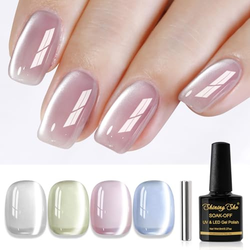 Shining She Gel Nail Polish Magnetic, 4 Colours Blue Nude Pink Green Sheer Sliver Gel Nail Polish with Magnet, Soak-Off UV/LED Shimmer Moonlight Gel Polish for Nail Art Salon DIY at Home, 8 ML