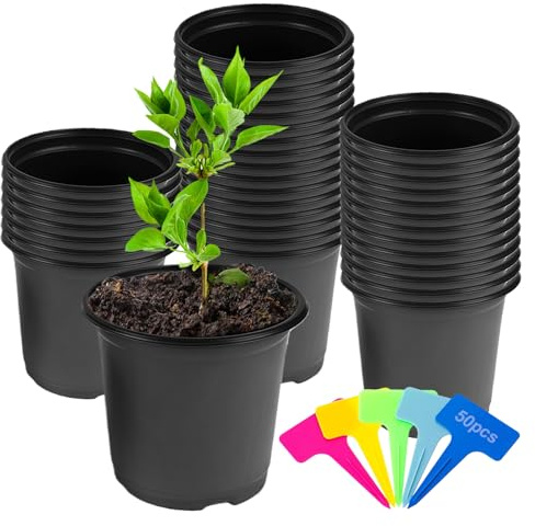 ANBET 52 Pcs Black Plastic Plant Pots, Seedling Pots with Drainage Holes, 15CM Plant Pots & 50 Pcs Plants Labels Small Plant Pots for Seedlings Flowers, Vegetable, Succulent Vegetable