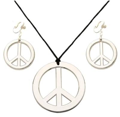 Horror-Shop Hippie Halskette & Ohrringe mit Peace-Zeichen für Flower Power Parties & Fasching