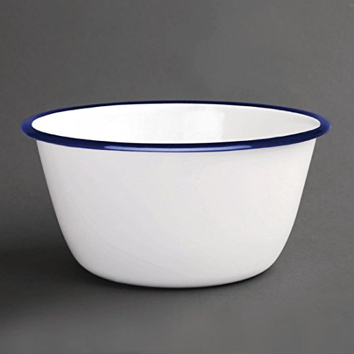 Olympia Enamelled Steel Pudding Bowls 155mm White & Blue, Pack of 6 | Oven and dishwasher safe serving dishes acquire unique character with use; chemical resistant and suitable for care homes.