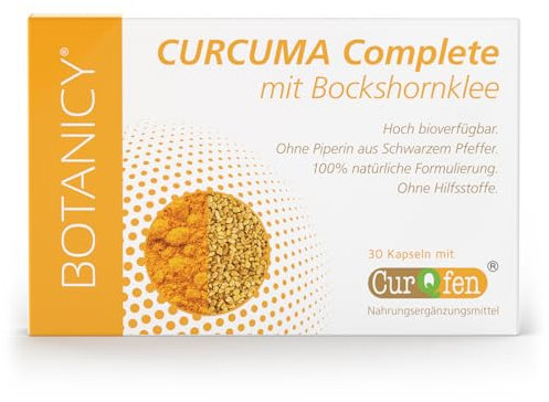 BOTANICY Curcuma Complete mit Bockshornklee - 30 Kurkuma Kapseln plus Bockshornkleesamen - 4500% erhöhte Bioverfügbarkeit, Ohne Piperin - 95% Curcumin Gehalt - Vegan, Hochdosiert, Laborgeprüft