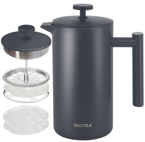 Secura French Press Coffee Maker, 304 Grade Stainless Steel Insulated Coffee Press with 2 Extra Screens, 34oz (1 Litre), Grey