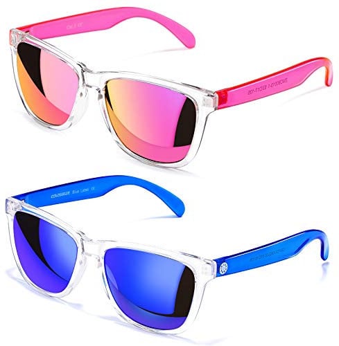 COLOSSEIN Sunglasses Womens,Classic Square Frame UV400 Mirrored Lens,Sunglasses Fit For Beach,Vacation,Driving, A2 - Pink/Orange + Blue - Mirrored Lens, 55