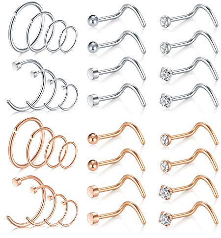Mayhoop Piercing Nez Acier Chirurgical 20G Piercing Nez en Forme de L avec Coeur Fleur Papillon Ramure CZ Piercing de Nez pour Femme Homme Argent Or Rose