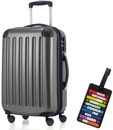Hauptstadtkoffer - Alex Handgepäck Kabinentrolley Bordgepäck Hartschalen-Koffer, sehr leicht, Zahlenschloss, 55 cm, 42L, Titan + Design Kofferanhänger