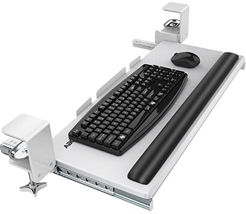AboveTEK Large Keyboard Tray Under Desk with Wrist Rest, 26.7×11 Ergonomic Desk Computer Keyboard Stand with Sturdy C Clamp Mount System, Slide-Out Drawer Keyboard Mouse Holder for Office (White)