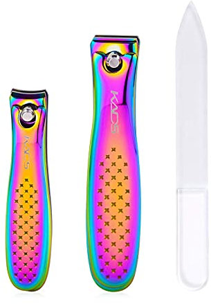 KADS 3 Pcs Professional Stainless Steel Manicure Nail Clippers Set Cutter Rainbow Nail Trimmer Pedicure Scissors Glass Nail File
