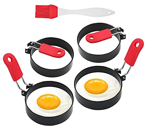 Spiegelei-Ringe für Grill, 4 Stück 7,6 cm Edelstahl-Eierformen mit Silikongriff (Ölpinsel im Lieferumfang enthalten), antihaftbeschichteter Eierkocher für Pfannkuchen, Picknick, Frühstück (rot)