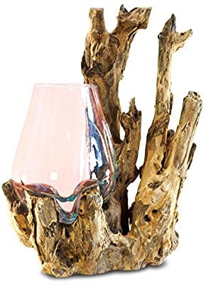 Bol en Verre sur Racine de Teck - Bois de Teck avec Vase ou Bol en Verre (30-50 x 35 cm)