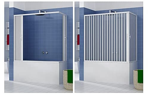 Sopravasca Box Vasca in PVC 2 lati 70 x 180 cm H 150 cm mod. GALATEA, Bianco, box doccia con apertura centrale angolare due ante a soffietto, reversibile, riducibile