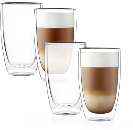 CNGLASS Double Wall Thermo Glass Coffee Cup 13.5 oz,Clear Insulated Glass Coffee Mug for Latte Cappuccino Tea Milk,Set of 4