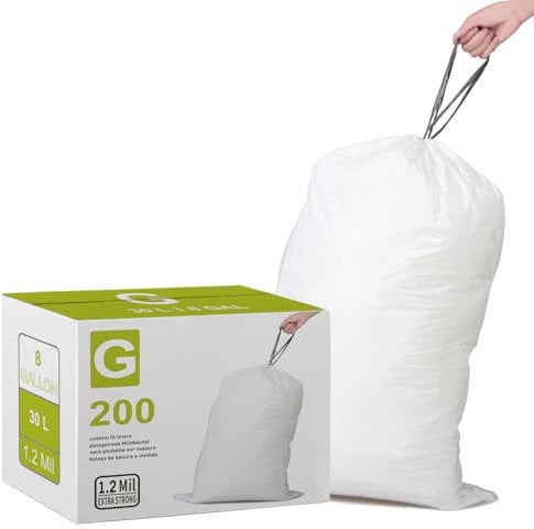 Code G 8 Gallon (200 Count) Heavy Duty Trash Bags 1.2 Mil THICK with Reinforced Drawstring 30 Liter Compatible with simplehuman Code G White Garbage Liners Leak-Proof Tear Resistant