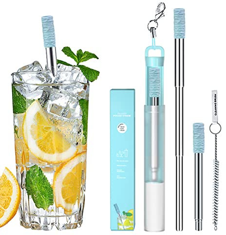 Metal Straws Reusable Collapsible Stainless Steel Straw Portable Telescopic Straws Drinking with Silicone Tips,Travel Case,Keychain,Cleaner Brush (Blue)
