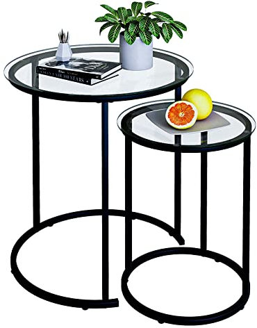 Azheruol Nesting Couchtisch-Set, moderner schwarzer Beistelltisch aus gehärtetem Glas, Metallrahmen, runder Beistelltisch. Kleiner Glas-Teetisch für Wohnzimmer, Schlafzimmer, Essentials, 49.6 cm