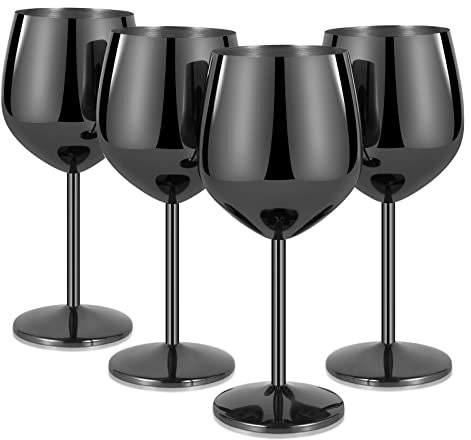 Livole Rotweingläser Set, 18Oz 550ml Weingläser aus Edelstahl, Champagner Gläser, Pokale Groß Bauchig, Cocktailgläser mit Stiel, Wine Glass Set für Cocktails, Rotwein, Schwarz (4er Pack)