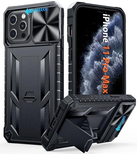 FNTCASE for iPhone 11-Pro Max Case: Rugged Military Grade Full Protection Shockproof Protective Case with Kickstand | TPU Matte Textured Heavy Duty Hard Bumper Cover for iPhone 11 Pro Max Black