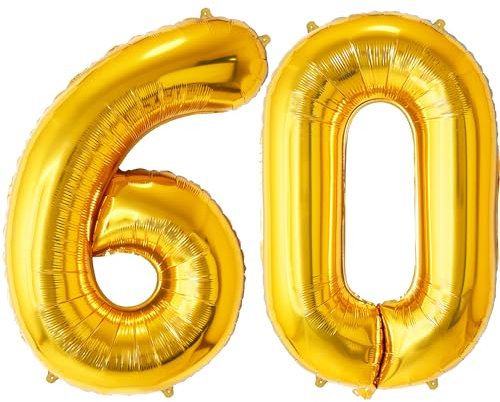 FUNFEST 100 cm goldene Luftballons zum 60. Geburtstag – Geburtstagsballon-Dekoration – inklusive XL-Ballon zum 60. Geburtstag und Strohhalm – Fliegen mit Helium