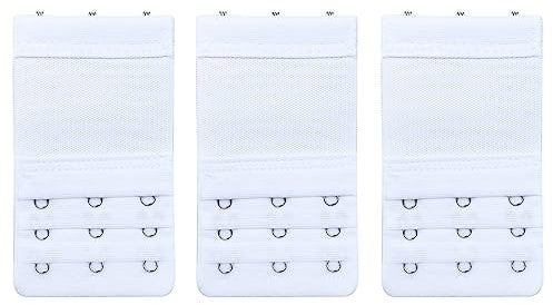 HUSAIHU 3 Pack Women's Bra Extenders, Bra Strap Extension 3 Hooks,Soft Stretchy Bra White Extender,Elastic Bra Extension Straps Set With Stainless Steel 3 Hooks x 3 Rows (White)