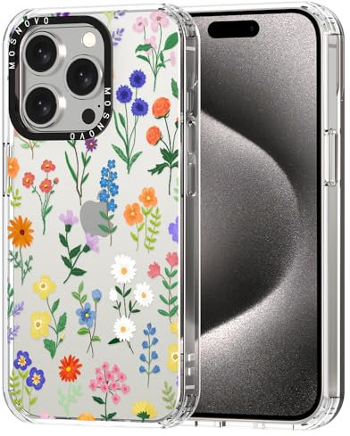 MOSNOVO Case for iPhone 15 Pro, [Buffertech 6.6ft Military-Grade Drop Protection] [Anti Peel Off Tech] Clear TPU Bumper Phone Case Cover Design - Botanical Floral