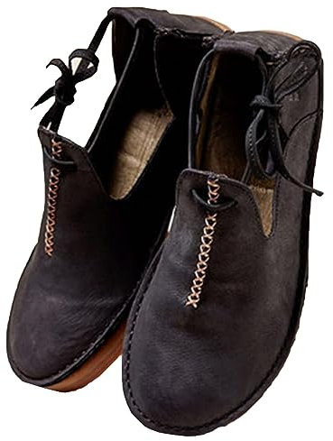 SIULAS Mittelalterliche PU-Lederschuhe mit flachem Boden - Renaissance-Hexenstiefel mit niedrigem Absatz - Steampunk Retro Casual Lederstiefeletten - Damen Rundkopf-Lederschuhe,Schwarz,40