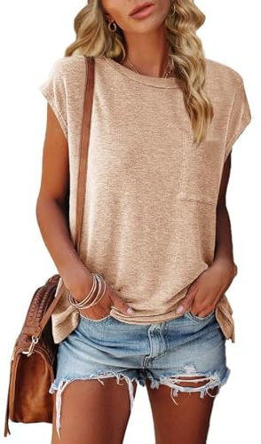 GeGekoko Damen Tops Sommer Flügelärmeln Rundhals T-Shirt mit Taschen Oberteile Einfarbig, Aprikosenfarbe, L