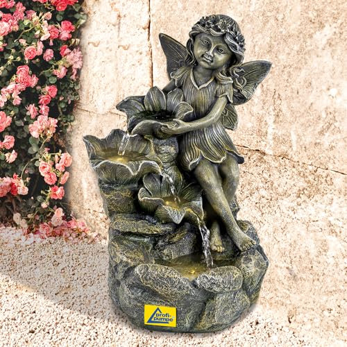 AMUR Fontaine de Jardin Décorative Fée des Fleurs Fontaine d'Intérieur avec Lumière LED 230 V pour Jardin, Terrasse, Balcon