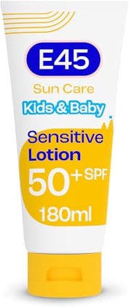 E45 Kids & Baby Sun Lotion for Sensitive Skin SPF 50+. Face & Body Gentle Sun Cream with UVA & UVB Protection with Avocado Oil. For Dry Sensitive Skin and Eczema Prone Skin -180 ml