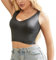 QiaTi Damen Kunstleder Tank Tops V Hals Cropped Tops Schwarz ärmellos Sexy Korsett Tops Slim Fit für Rave Outfit Party Club Nacht