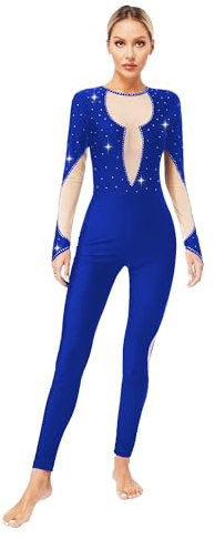 inhzoy Damen Ganzanzug Ballett Body Ganzkörper Turnanzug Langarm Glitzer Tanztrikot Mesh Patchwork Gymnastik Eislaufen Body Blau L