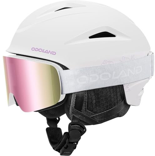 Odoland Casque de Sport avec Lunettes de Protection pour Hommes et Femmes - Coupe-Vent pour Adultes et Jeunes,Iidéal pour Le Snowboard, Le Ski et la Motoneige Blanc Violet S