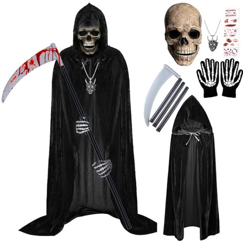 YeahBoom Costume Morte Halloween, Mantello, Maschera da Scheletro, Falce Giocattolo, Guanti, Collane, Adesivi Horror per Adulti e Bambini (Cranio)