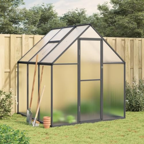 Sufrk Cadre de serre avec base anthracite 169 x 169 x 195 cm en aluminium, serre de jardin et potager en polycarbonate avec toit réglable et porte, cadre en aluminium