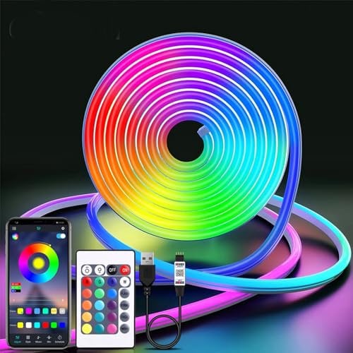 LRGBST 3M RGB Neon Streifen,5V IP65 Wasserdicht LED neon Light band with Bluetooth App and Fernbedienung für Home Neon Dekoration Beleuchtung