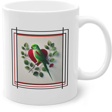 Taza de regalo – Taza agradable barata – Periquito para collar – San Valentín – Corazón blanco brillante 11 oz