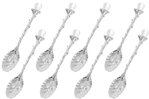 sourcing map 8 Pcs Retro Spoons, 4.3 Inch Crystal Alloy Coffee Spoons,Vintage Carved Tea Spoon Leaf Flower Pattern Dessert Spoon Ice Cream Spoons for Stirring Mixing Silver Tone