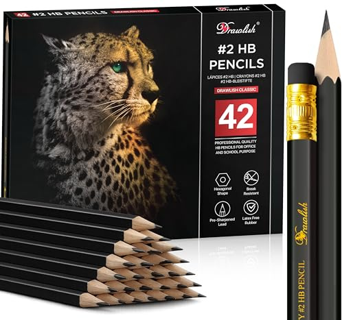 Drawlish HB-bleistifte mit Radiergummi - 42er-pack Bleistifte Zeichnen mit sechseckige Form mit abgerundeten Ecken - Graphitstift Bleistift Kinder, Künstler und Profis