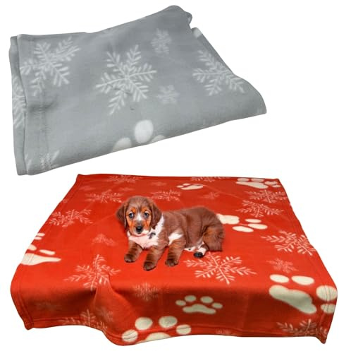 Zvire Weihnachts-Hundedecke, waschbar, Schneeflocken-Pfotenabdrücke, Haustierdecke, Geschenke, weich, warm, Fleece, Welpen, Katzen, 70 x 73 cm, Rot und Grau, 2 Stück