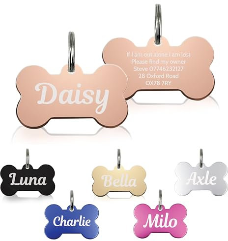 Personalised Dog Tags for Pets Engraved UK Cat Dog Name Identity Pet Tags Doggy Kitten Kitty Puppy Deep Engraved ID Stainless Steel (Bone Shape - Rose Gold)
