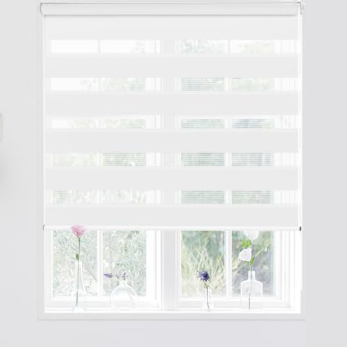 Kokorona Day and Night Zebra Roller Blinds, Dual Layer Fabric Zebra Window Blinds for Bedroom, Light Filtering Privacy Day Night Blinds, 85cm Wide x 150cm Length, White