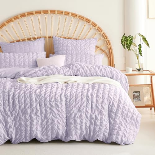 Seersucker Bettwäsche 135x200 Lila Kariert Bettbezug mit Kissenbezug 80x80 | Sommerbettwäsche Set, Modern, Kühlende, Strukturiert, Sommer, Atmungsaktiv, Leicht, Microfaser, Reißverschluss, Einzelbett