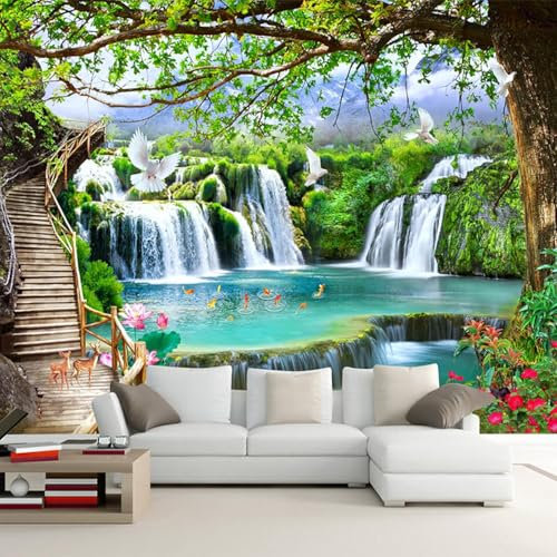 Grüner Wald Wasserfall Holztreppe 3D Tapeten Home Esszimmer Fototapete Effekt Wohnzimmer Schlafzimmer Kinderzimmer-300cm×210cm